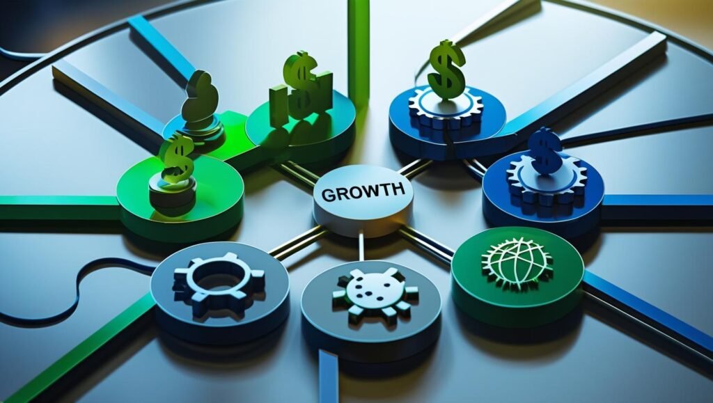 Growth with strategy, money, and technology icons
