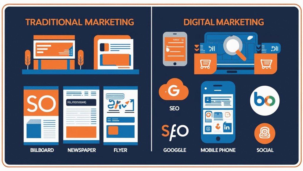 Six-step digital marketing strategy with icons, digital marketing for businesses