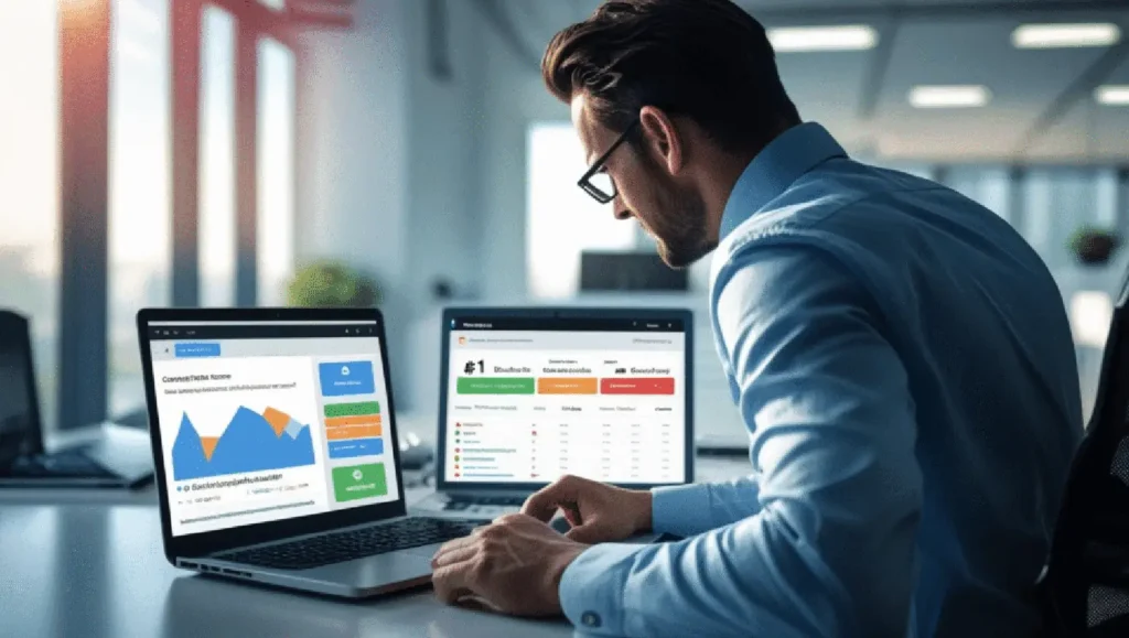 Digital marketing professional analysing data and analytics on dual monitor setup