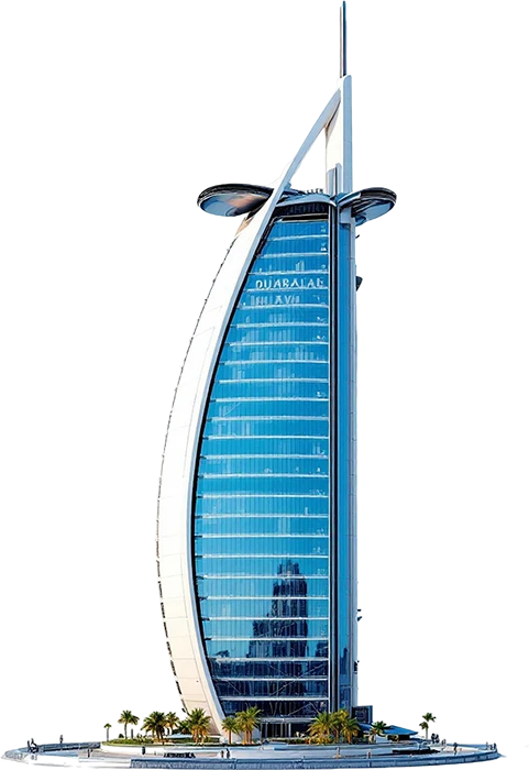 Burj Al Arab luxury hotel Dubai with illuminated green digital marketing services display